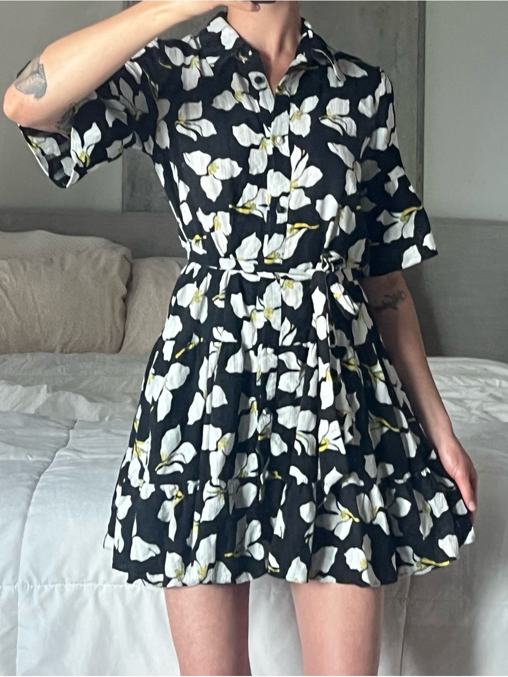 Diane Von Furstenberg Beata Dress Floral Print Cotton Short Sleeve Mini Black